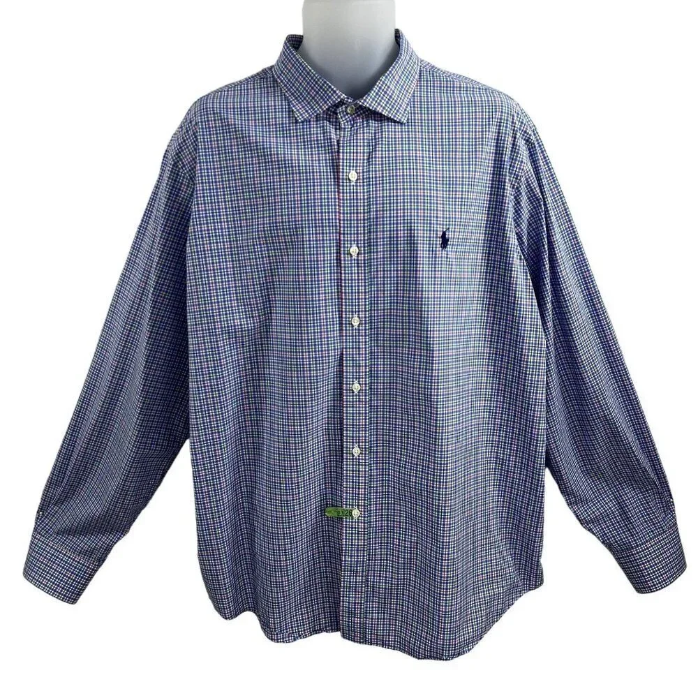 POLO Ralph Lauren XXL Gingham Plaid Twill Dress Shirt 100% Cotton Button Up Logo